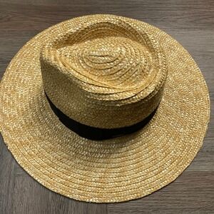 NWOT Brixton Joanna Straw Wide Brim Ribbon Hat Womens XS 54cm Tan Natural Black